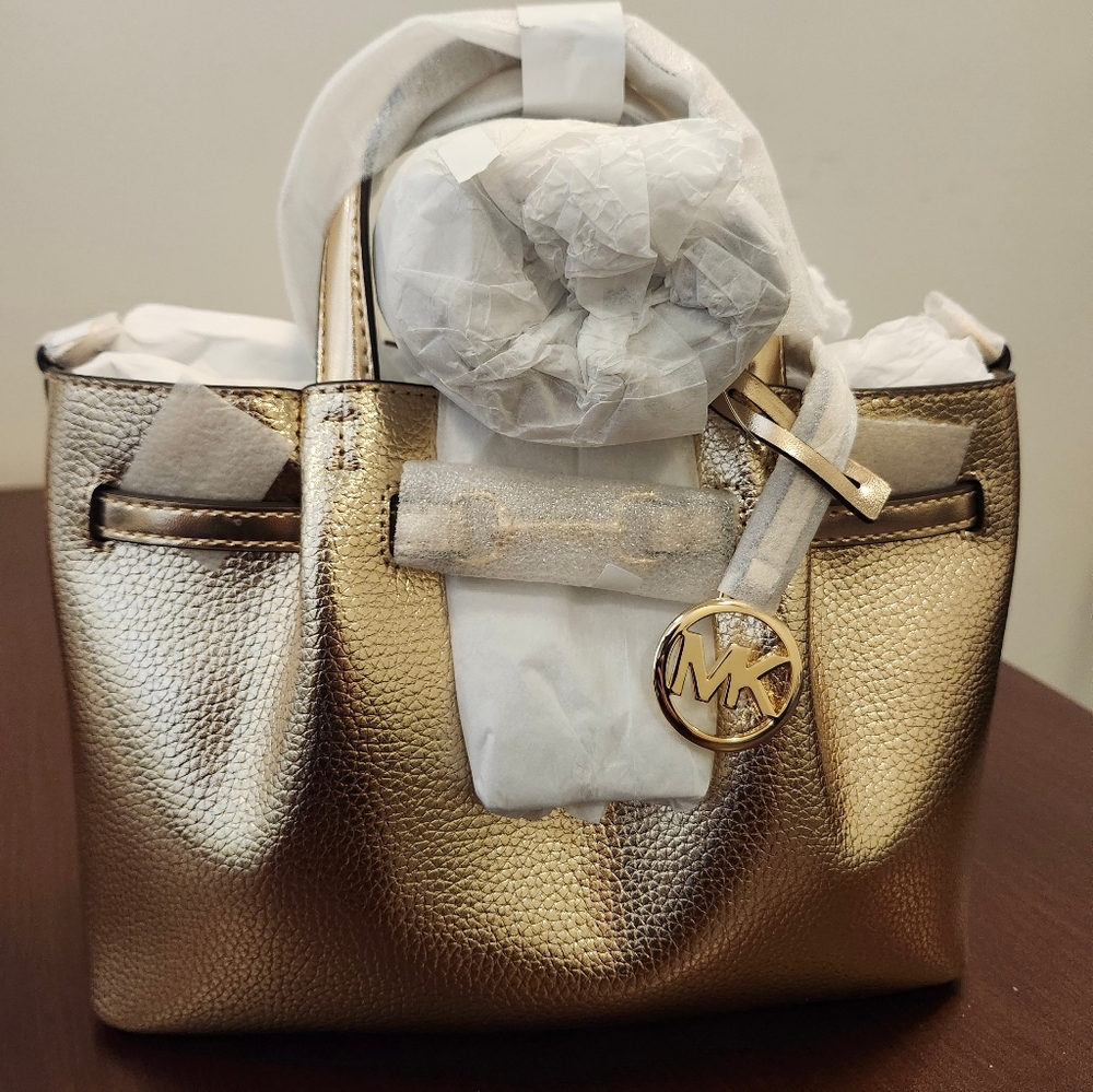 NWT Michael Kors Gold Carson Medium Metallic Pebbled Leather Satchel - Picture 2 of 7